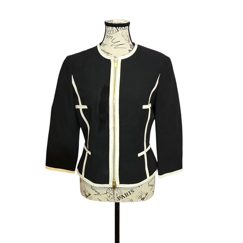 Michael Kors Cotton Black Jacket with White Trim Zip-Front Blazer 6 Italy